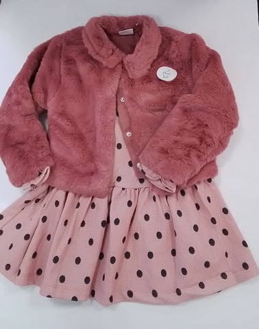 Spot Dress with Fur Jacket