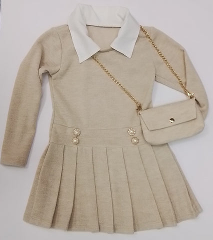 Cream Pleat Dress And Bag