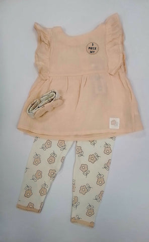 Peach Top With Flower Leggings And Hairband